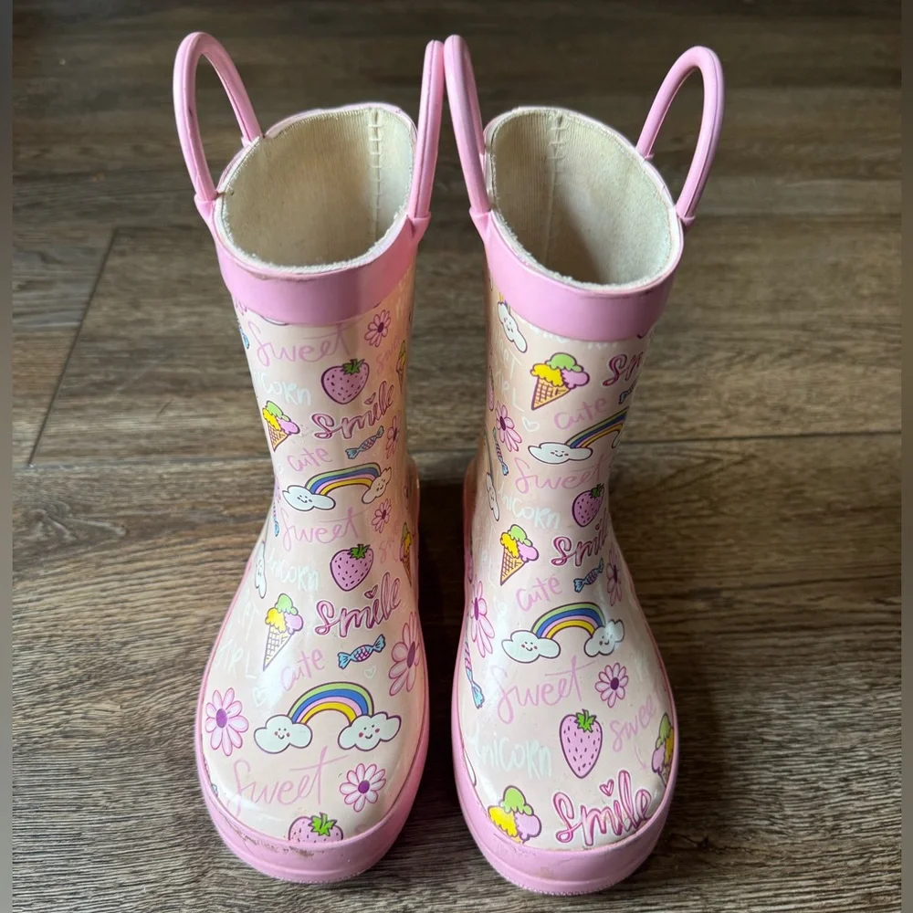 Pink Kids Rain Boots with Rainbow & Strawberry Print size 9/10